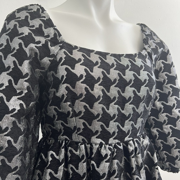 NEW Anthropologie DAMASK houndstooth Dress Balloon Sleeves XSMALL Silver Black - Picture 5 of 10